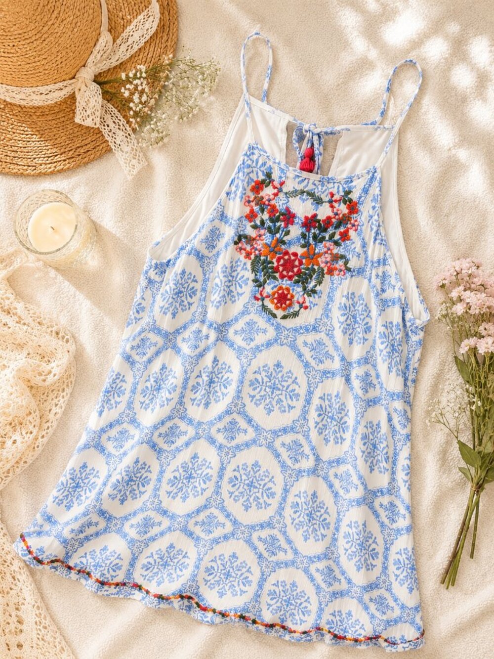 THML Embroidered Boho Mini Dress Floral Tassel Sundress Cottagecore Festival, L